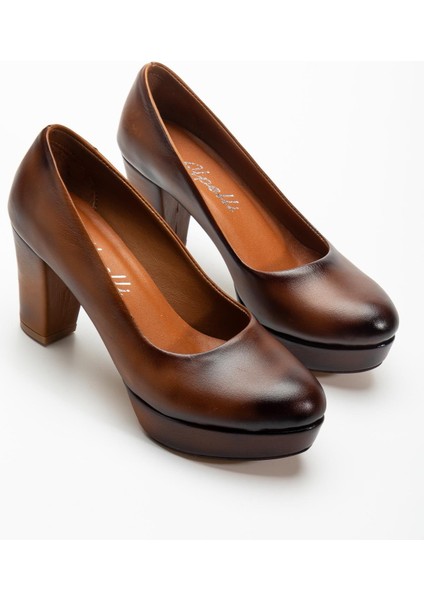 Kadın Taba Hakiki Deri Premium Tasarım Dekolte Alçak Platformlu Topuklu Ayakkabı indirimleri