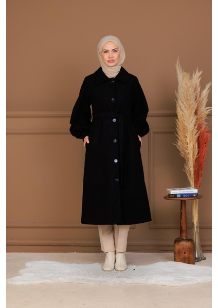 Balon Kol Düğmeli Uzun Kaşe Kaban - MDS002828KBN fiyatları