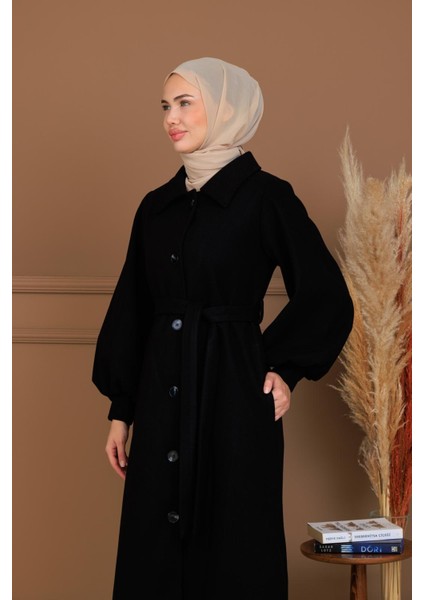 Balon Kol Düğmeli Uzun Kaşe Kaban - MDS002828KBN indirimleri