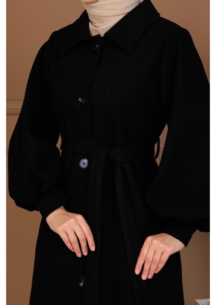 Balon Kol Düğmeli Uzun Kaşe Kaban - MDS002828KBN