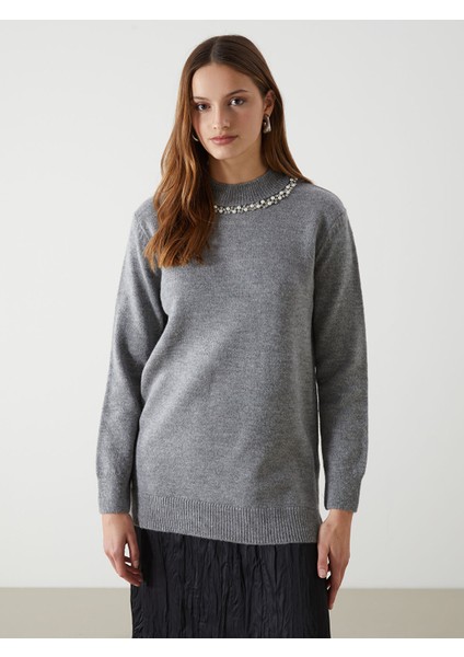 Yeni Sezon Bisiklet Yaka Taşlı Kadın Triko Tunik