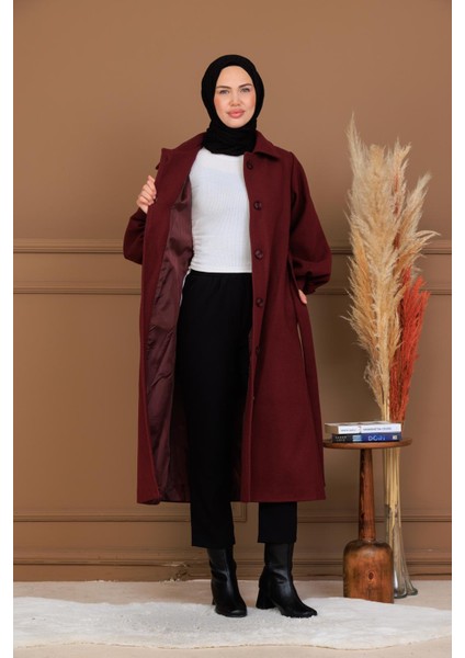 Balon Kol Düğmeli Uzun Kaşe Kaban - MDS002828KBN