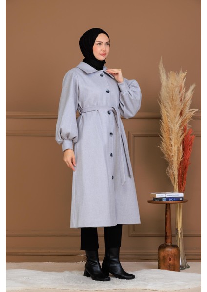 Balon Kol Düğmeli Uzun Kaşe Kaban - MDS002828KBN