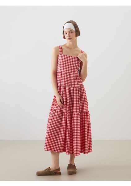 Yeni Sezon Kare Yaka Ekose Askılı Gofre Elbise