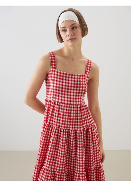 Yeni Sezon Kare Yaka Ekose Askılı Gofre Elbise fiyatları