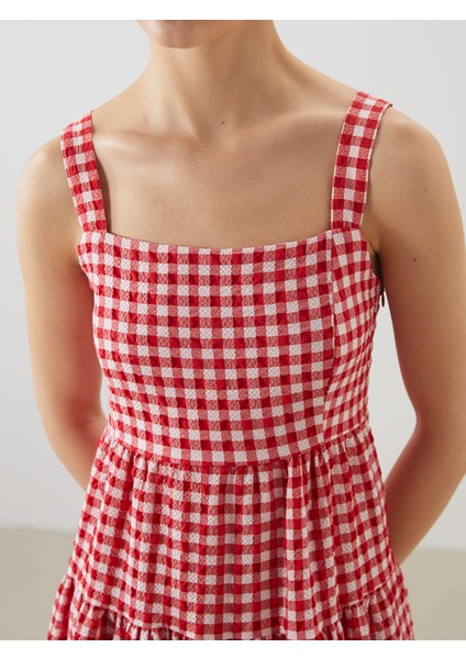 Yeni Sezon Kare Yaka Ekose Askılı Gofre Elbise modelleri