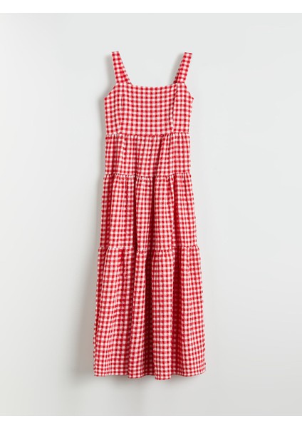 Yeni Sezon Kare Yaka Ekose Askılı Gofre Elbise indirimleri