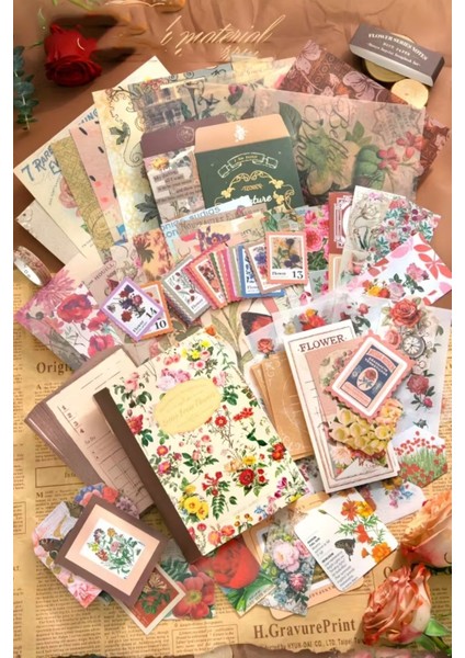 Vintage Journal Defter Hediye Seti, 153 Parça Scrapbook Set (Flower Serisi)