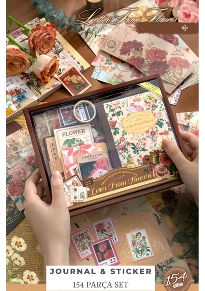 Vintage Journal Defter Hediye Seti, 153 Parça Scrapbook Set (Flower Serisi) fırsatları
