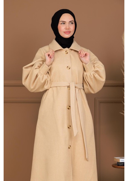 Balon Kol Düğmeli Uzun Kaşe Kaban - MDS002828KBN