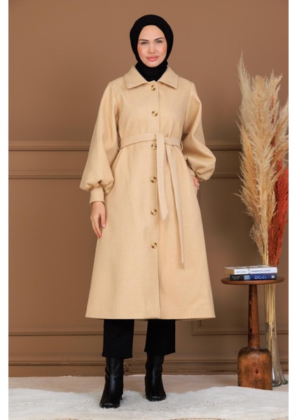 Balon Kol Düğmeli Uzun Kaşe Kaban - MDS002828KBN fiyatları