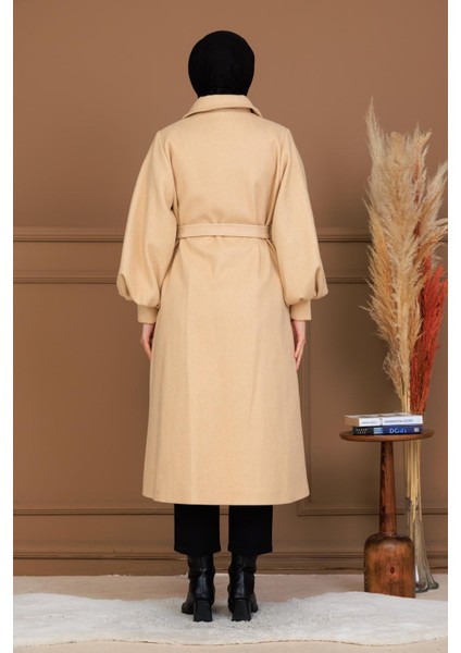 Balon Kol Düğmeli Uzun Kaşe Kaban - MDS002828KBN