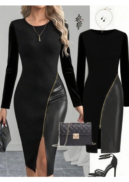 Kadın Bisiklet Yaka Uzun Kollu Deri ve Fermuar Detay Mini Yırtmaçlı Elbise
