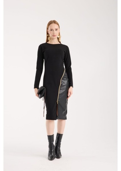 Kadın Bisiklet Yaka Uzun Kollu Deri ve Fermuar Detay Mini Yırtmaçlı Elbise indirimleri