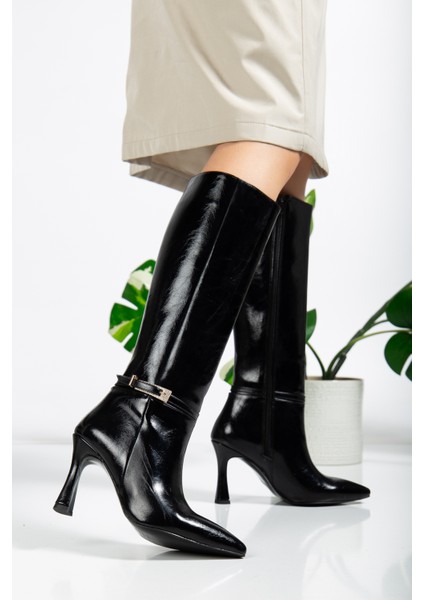 Siyah Parlak Renk Topuklu Kadın Çizme fiyatları
