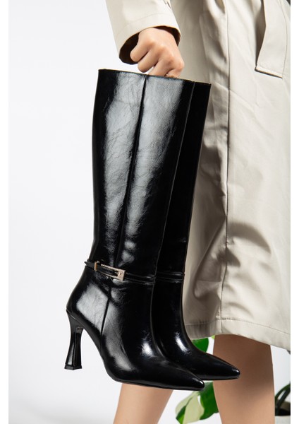 Siyah Parlak Renk Topuklu Kadın Çizme modelleri