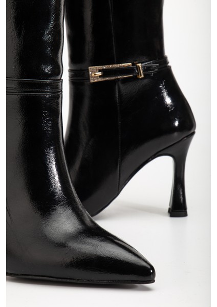 Siyah Parlak Renk Topuklu Kadın Çizme fırsatları