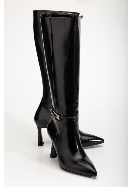 Siyah Parlak Renk Topuklu Kadın Çizme indirimleri