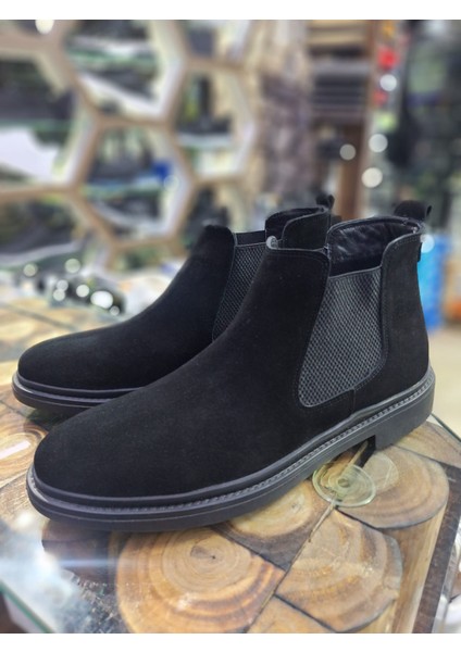 Siyah Süet Chelsea Deri Kaymaz Taban Erkek Bot