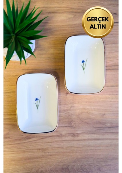Porselen Natura Iris Altın Yaldızlı Dikdörtgen Kayık Tabak 12X8,50CM 2 Li