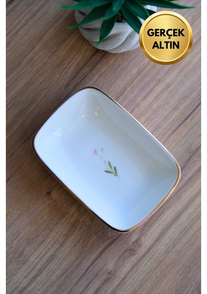Porselen Natura Çuha Altın Yaldızlı Dikdörtgen Kayık Tabak 14X9,8CM Tekli