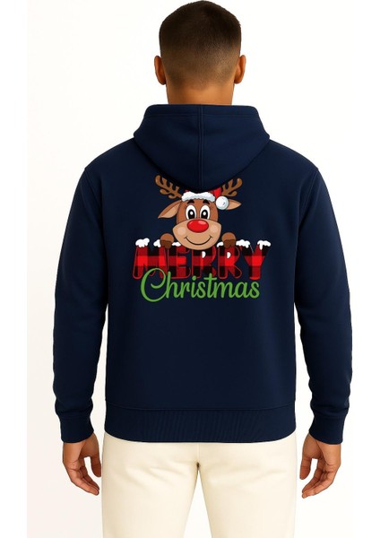 Kapüşonlu Merry Christmas Noel Geyiği Cep ve Sırt Baskılı Unisex Sweatshirt fiyatları