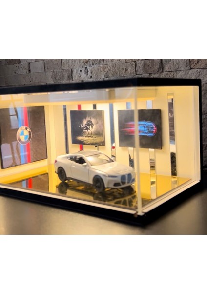 Garaj Seti 1:18 Bmw Temalı Dekoratif Araba ve Garaj Seti | Işıklı Vitrin Kutulu | Koleksiyonluk Model | Masaüstü Hediyelik Aksesuar modelleri