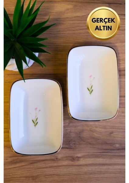Porselen Natura Çuha Altın Yaldızlı Dikdörtgen Kayık Tabak 12X8,50CM 2 Li