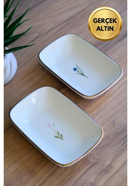 Porselen Natura Karma Altın Yaldızlı Dikdörtgen Kayık Tabak 14X9,8CM 2 Parça