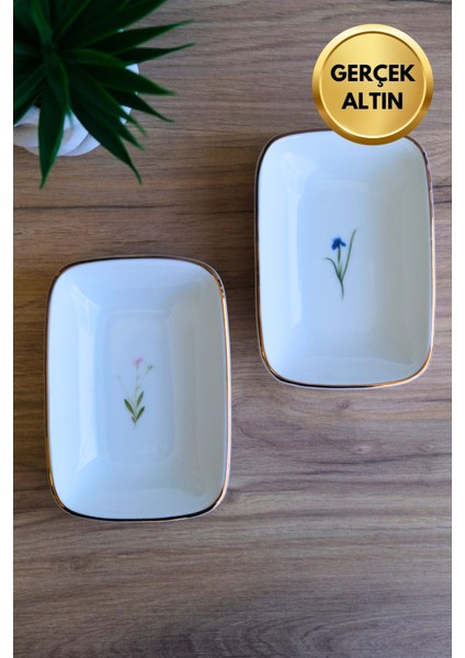 Porselen Natura Karma Altın Yaldızlı Dikdörtgen Kayık Tabak 14X9,8CM 2 Parça modelleri