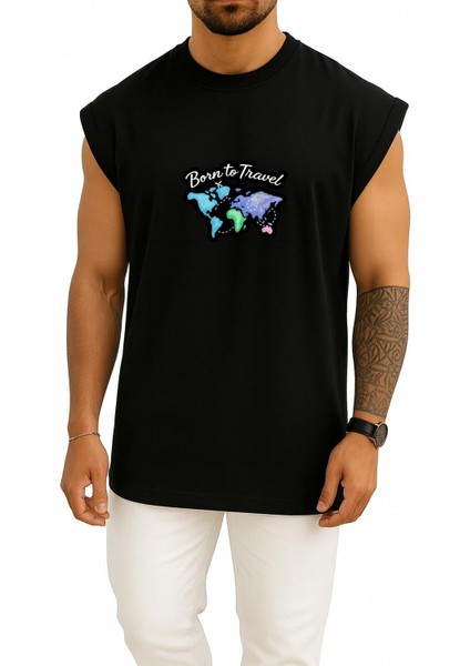 Oversize Gezmek Için Doğmak - Born To Travel Göğüs Baskılı Atlet