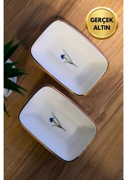 Porselen Natura Iris Altın Yaldızlı Dikdörtgen Kayık Tabak 14X9,8CM 2 Li