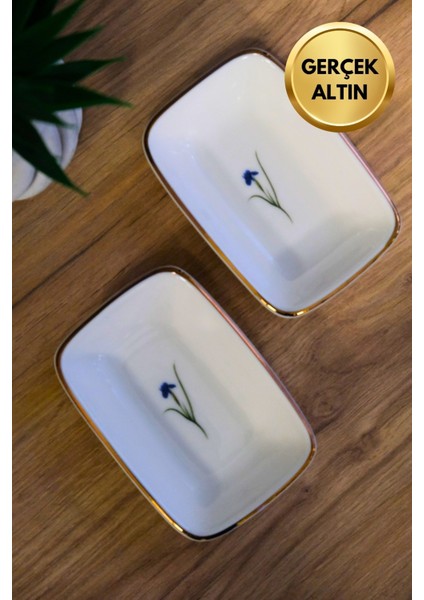 Porselen Natura Iris Altın Yaldızlı Dikdörtgen Kayık Tabak 14X9,8CM 2 Li modelleri