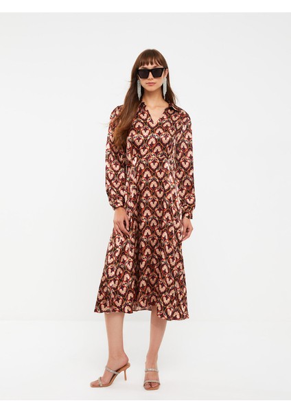 Yeni Sezon Gömlek Yaka Desenli Uzun Kollu Saten Elbise fiyatları