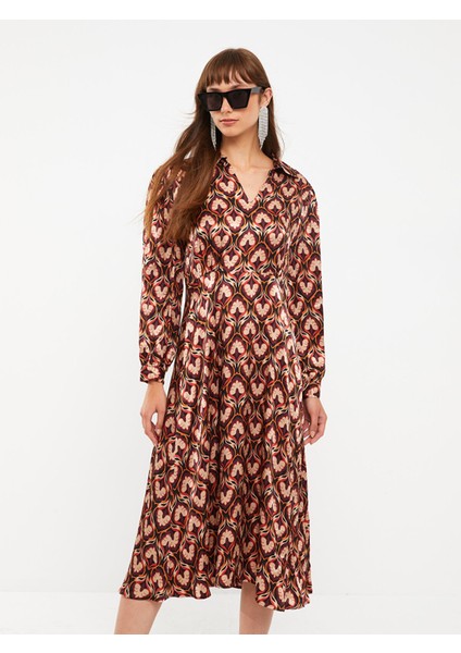 Yeni Sezon Gömlek Yaka Desenli Uzun Kollu Saten Elbise modelleri