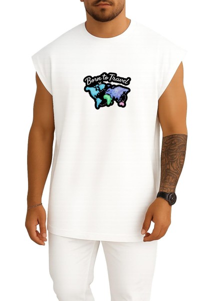 Oversize Gezmek Için Doğmak - Born To Travel Göğüs Baskılı Atlet
