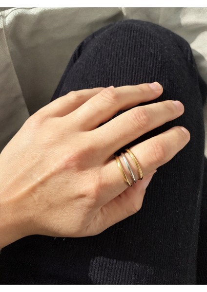 Ayarlanabilir Çelik Üçlü Minimal Yüzük – Gold & Silver Renk / Aurora Collection