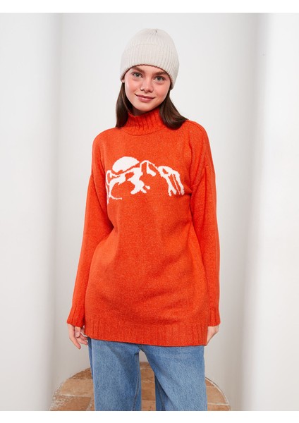 Yeni Sezon Yarım Balıkçı Yaka Desenli Uzun Kollu Kadın Triko Tunik