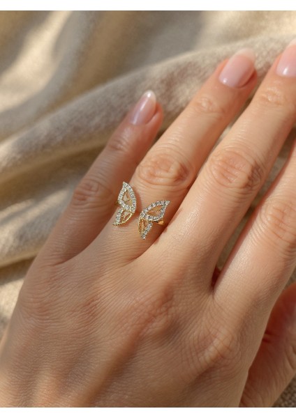 Ayarlanabilir Çelik Crystal Twin Wings Kelebek Yüzük – Gold Renk / Butterfly Dreams Collection