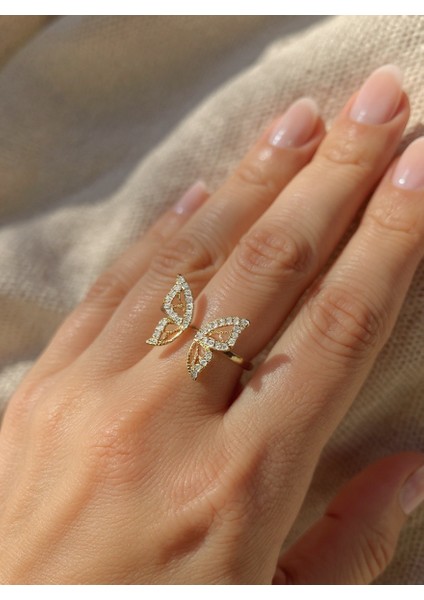 Ayarlanabilir Çelik Crystal Twin Wings Kelebek Yüzük – Gold Renk / Butterfly Dreams Collection fiyatları