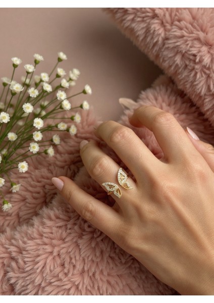Ayarlanabilir Çelik Crystal Twin Wings Kelebek Yüzük – Gold Renk / Butterfly Dreams Collection modelleri