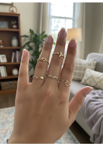 Ayarlanabilir Çelik 5'li Minimal Eklem Yüzüğü Seti – Gold Renk / Nova Stack Rings Collection fiyatları