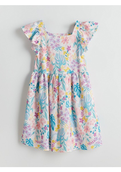 Yeni Sezon Çiçekli Diz Üstü Fırfırlı Kız Çocuk Elbise