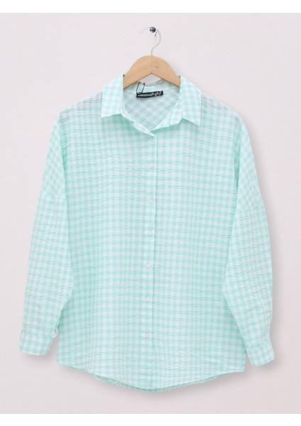 Boydan Düğmeli Gofre Gömlek -Su Yeşili