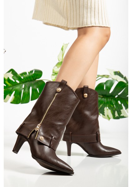Kahverengi Topuklu Kadın Çizme