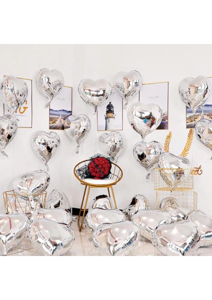 Bfs Metalize Parlak Gümüş Şekilli Kalp Uçan Balon Folyo 45 cm 10 Adet