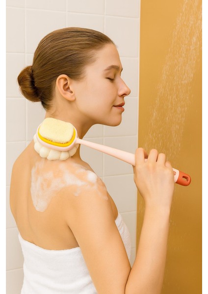 Uzun Saplı Masaj Etkili Çift Taraflı Banyo Süngeri ve Duş Fırçası