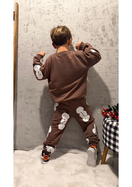 Erkek Çocuk Pamuklu Kahverengi Kardan Adam Desenli Sweatshirt & Eşofman Altı Takım fiyatları