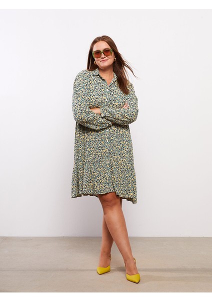 Yeni Sezon Büyük Beden Gömlek Yaka Desenli Uzun Kollu Viskon Elbise