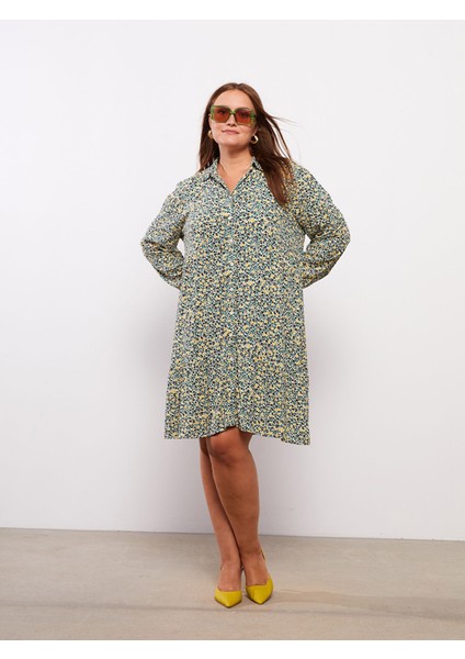 Yeni Sezon Büyük Beden Gömlek Yaka Desenli Uzun Kollu Viskon Elbise fiyatları